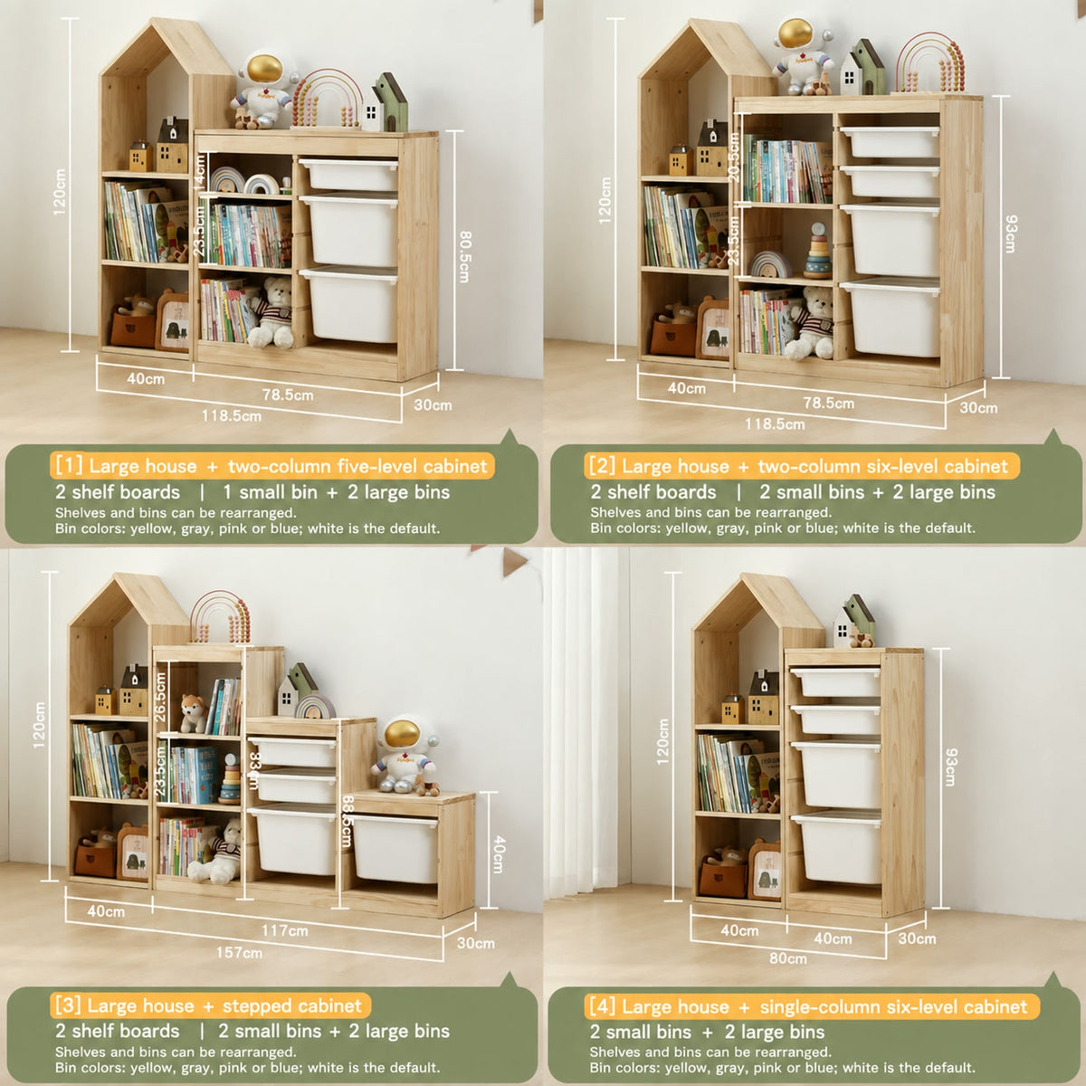  Dimensions for options 1–4 with large house bookcases and stepped or narrow cabinets