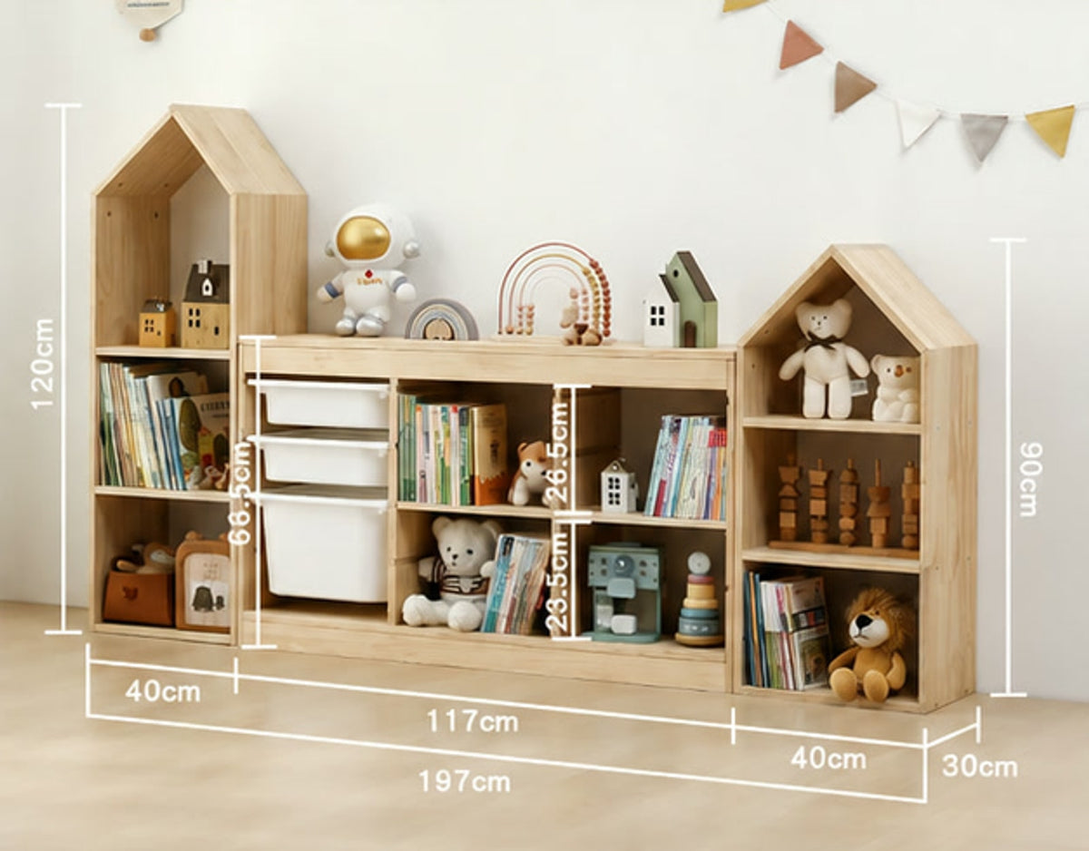  Large and medium house bookcases with a low cabinet spanning 197 cm