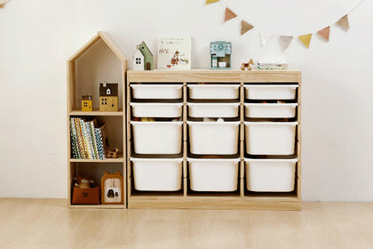  Alternative bin-focused layout in the same pine house bookcase and cabinet range