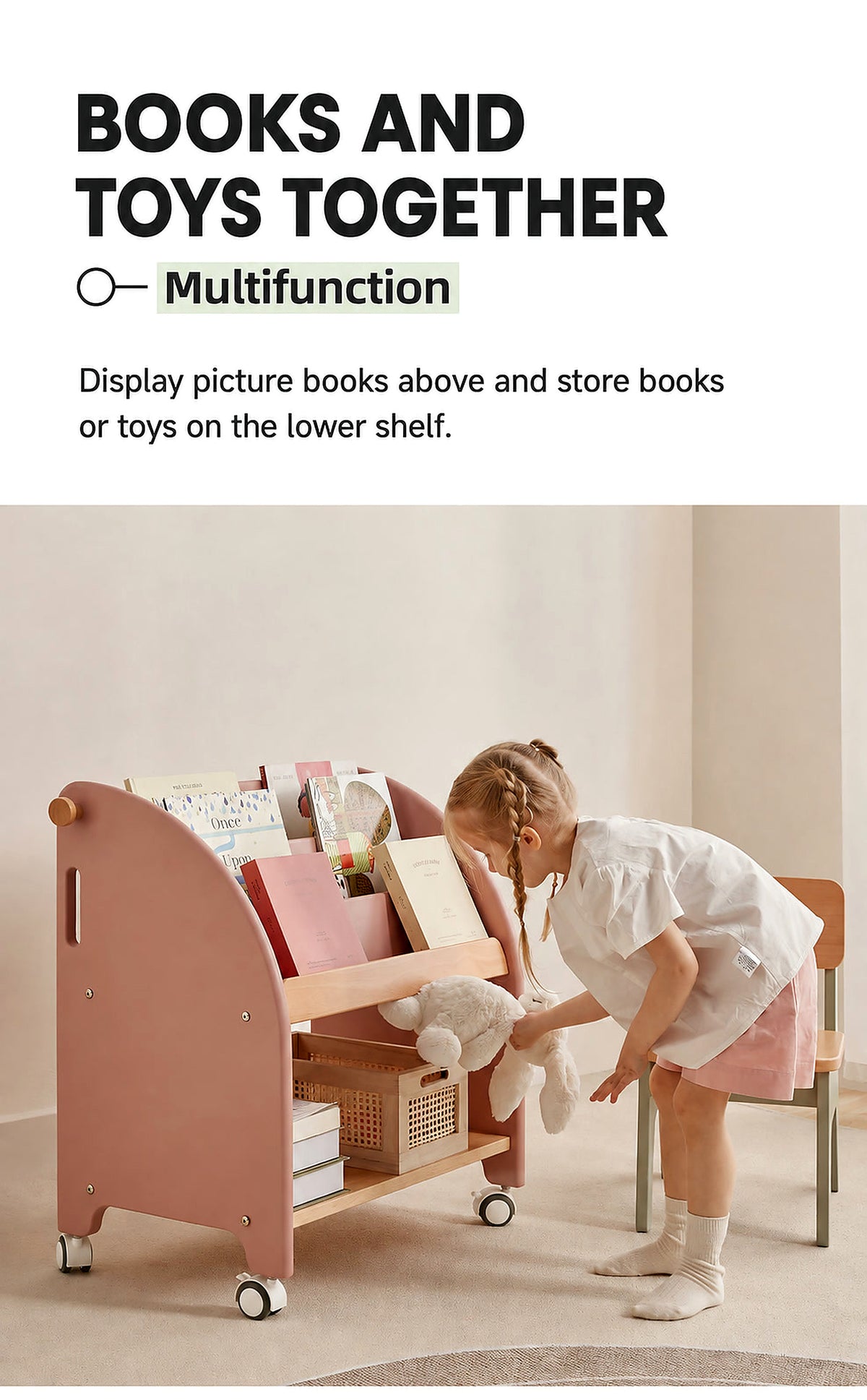  Lower shelf holding a basket beneath front-facing books