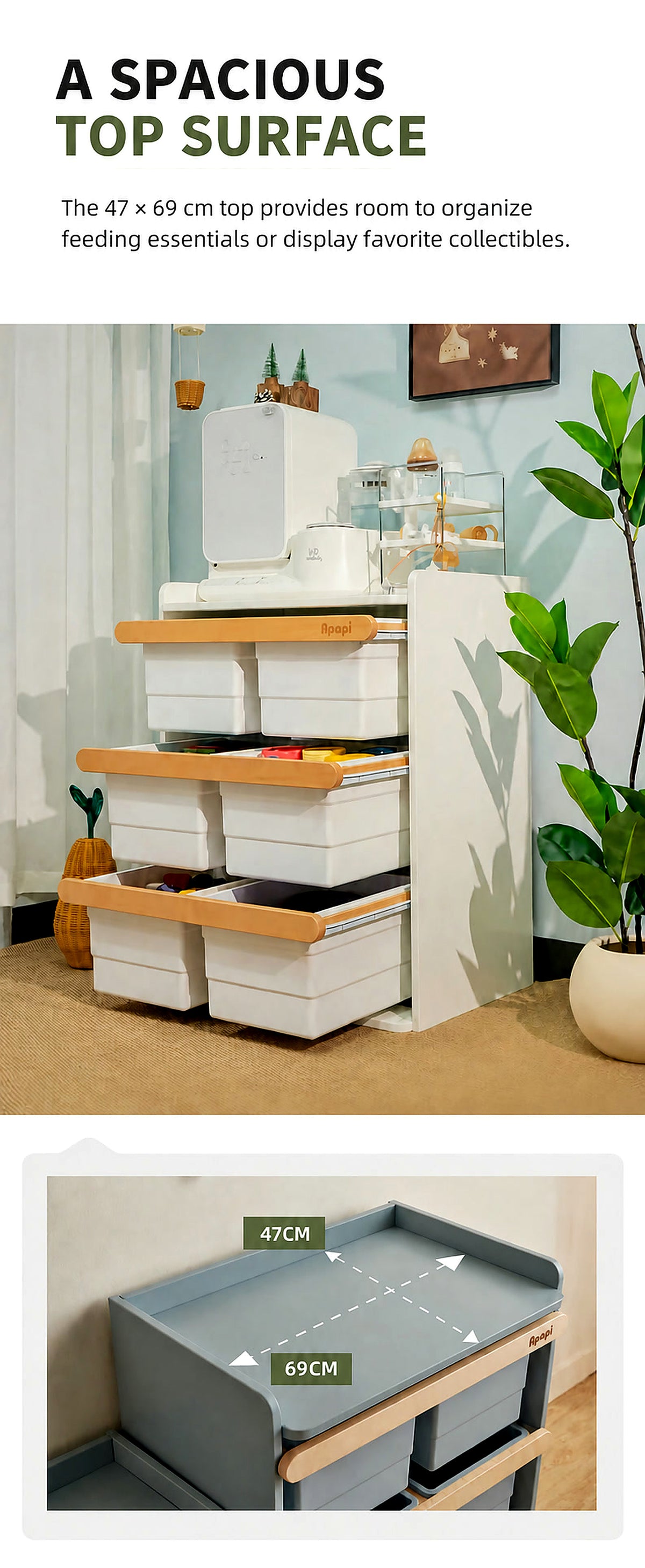  Cabinet top measuring 69 by 47 cm with a raised perimeter