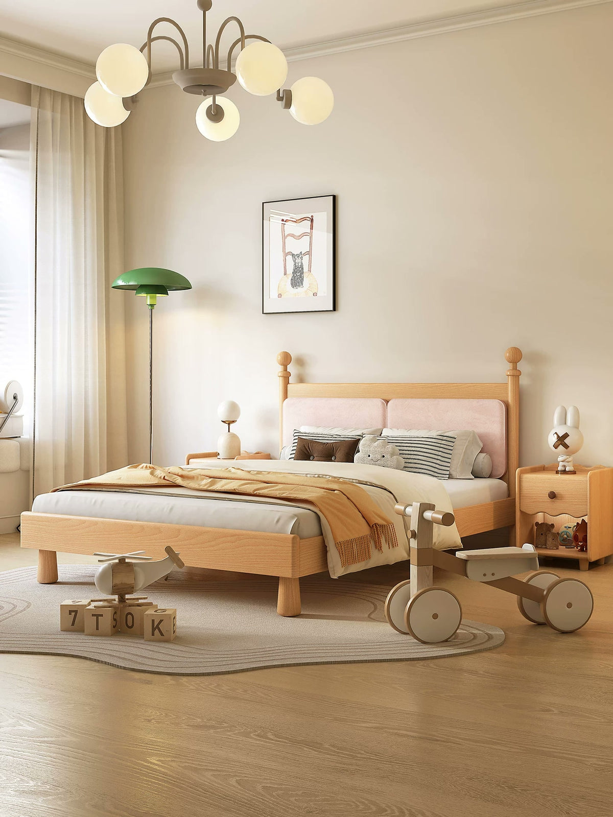  Opposite angle of the natural birch bed styled with matching nightstands