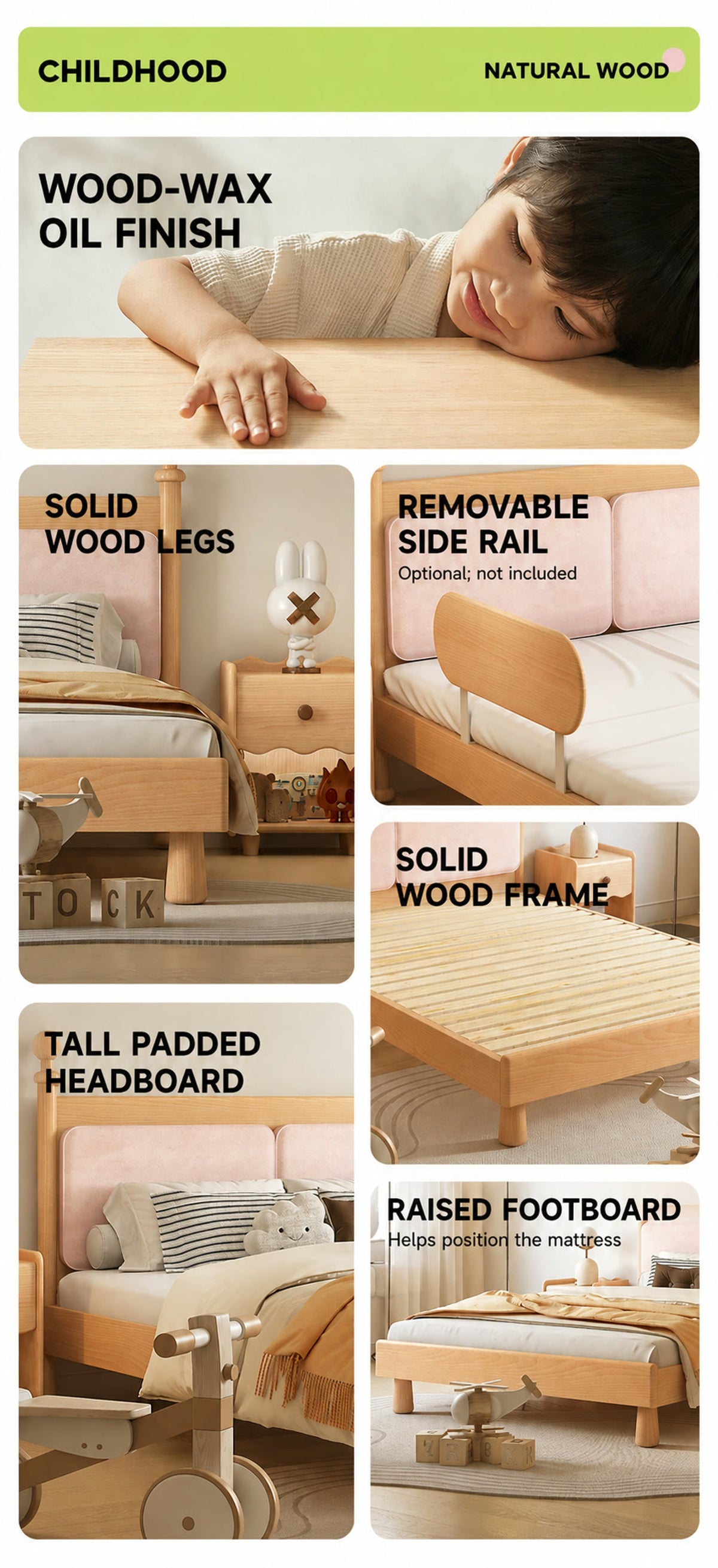  Wood-wax oil finish, padded headboard, wood frame, legs and optional side rail