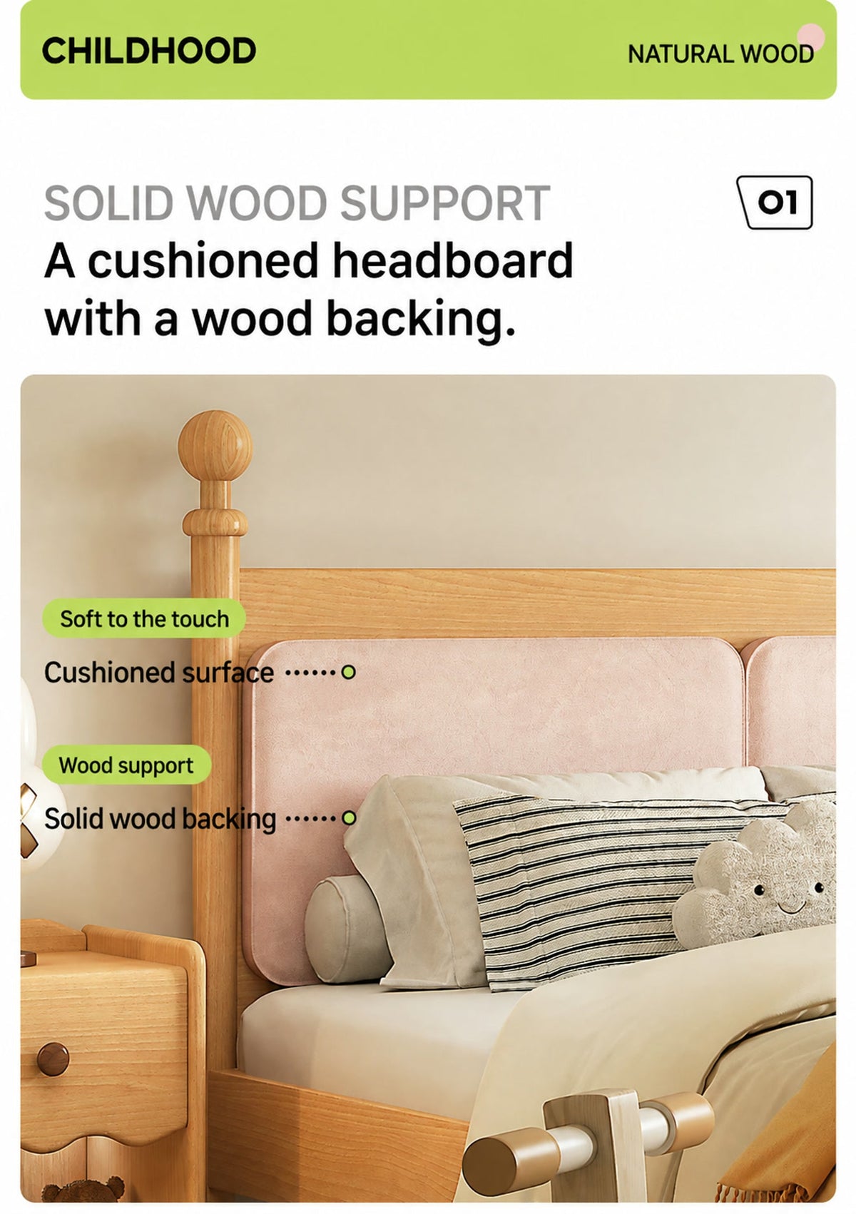  Pink cushioned headboard with a solid wood backing and turned finials