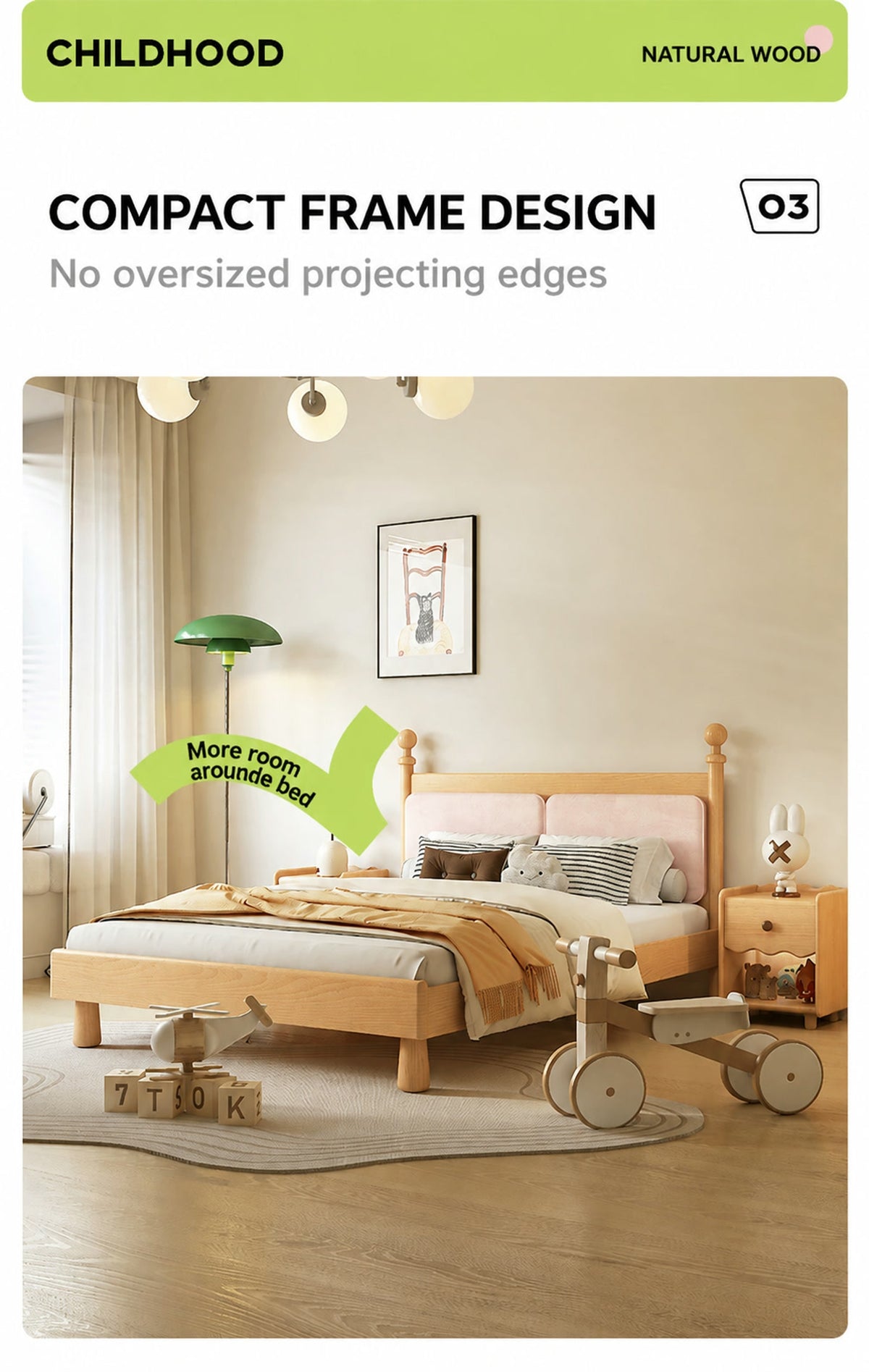  Natural wood bed with a compact frame and pink upholstered headboard