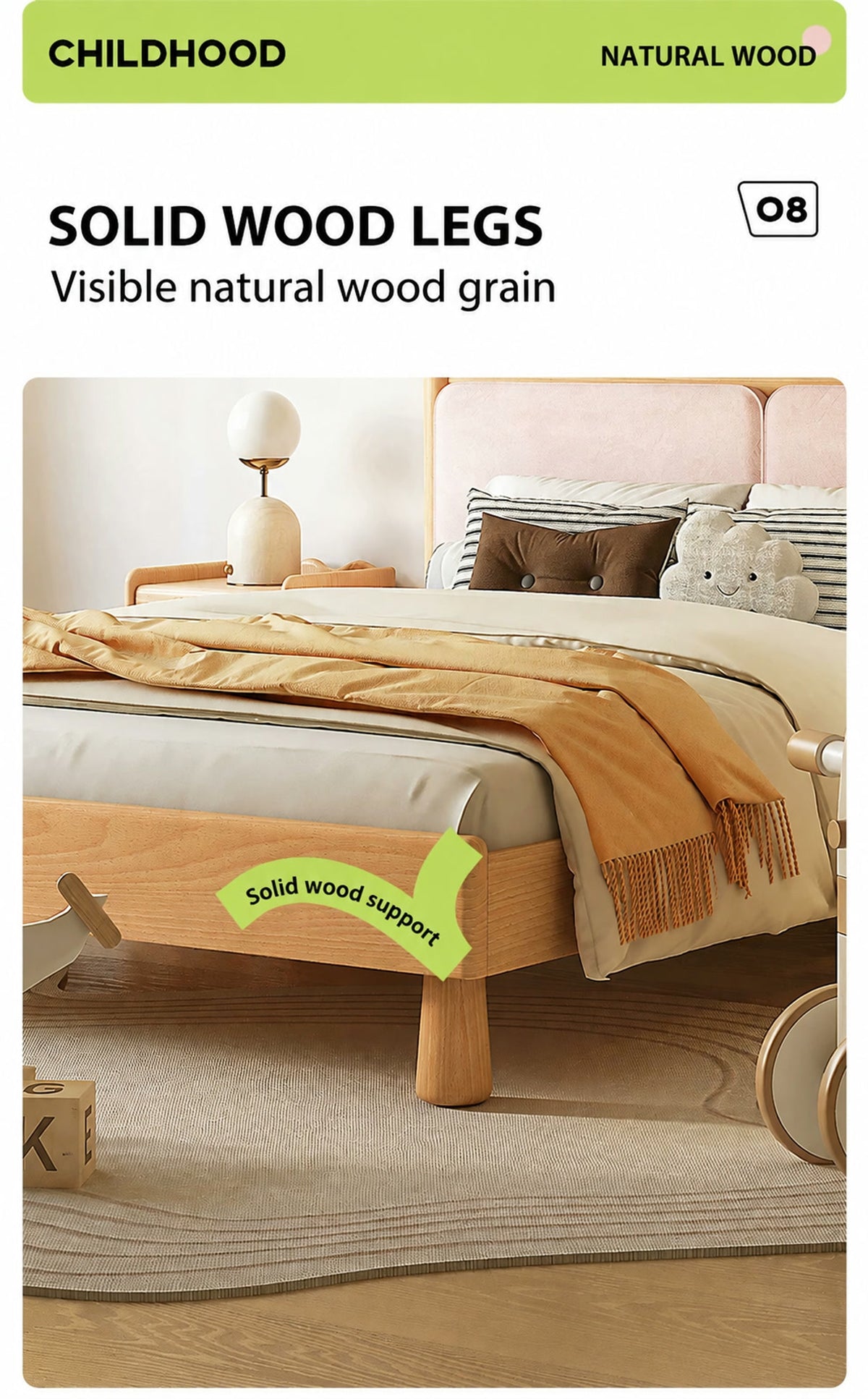  Close view of the rounded solid wood bed leg and footboard