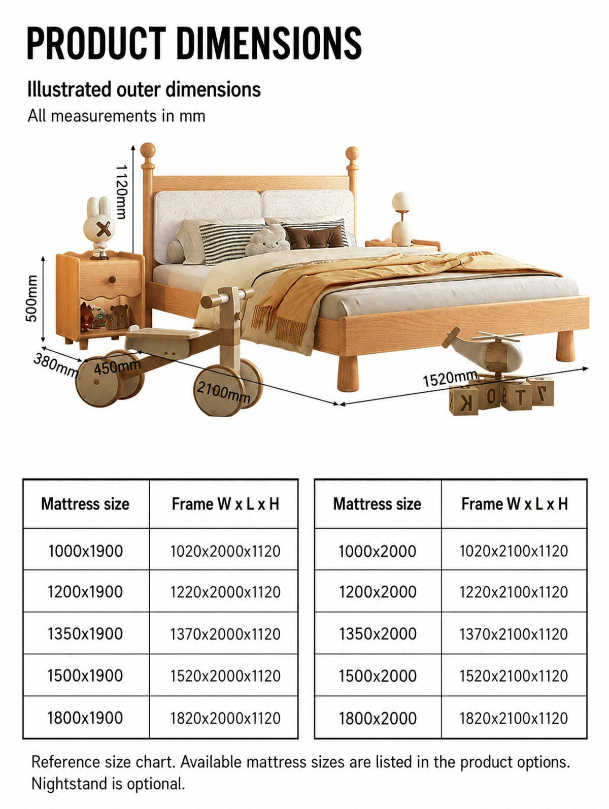  Reference mattress and outer frame size chart with optional nightstand dimensions