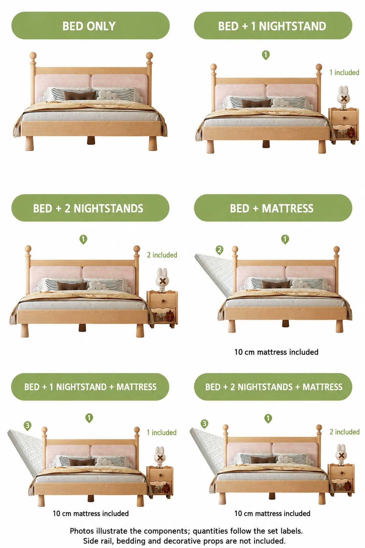  Six bed sets with optional mattress and one or two matching nightstands