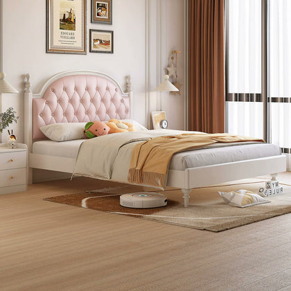  Aisha cream birch bed with pink tufted headboard and turned finials