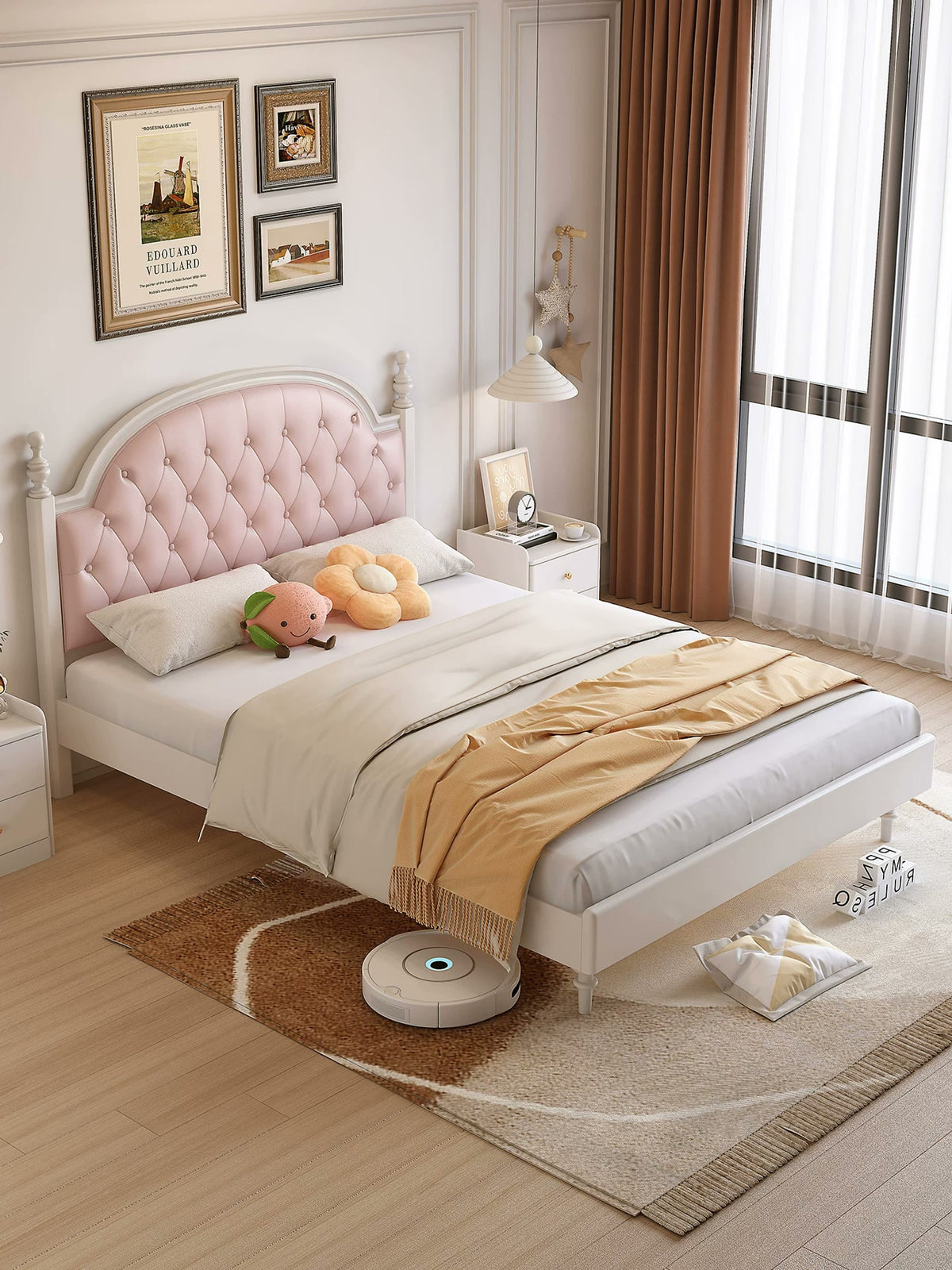  Elevated angle of the cream bed with pink tufted headboard