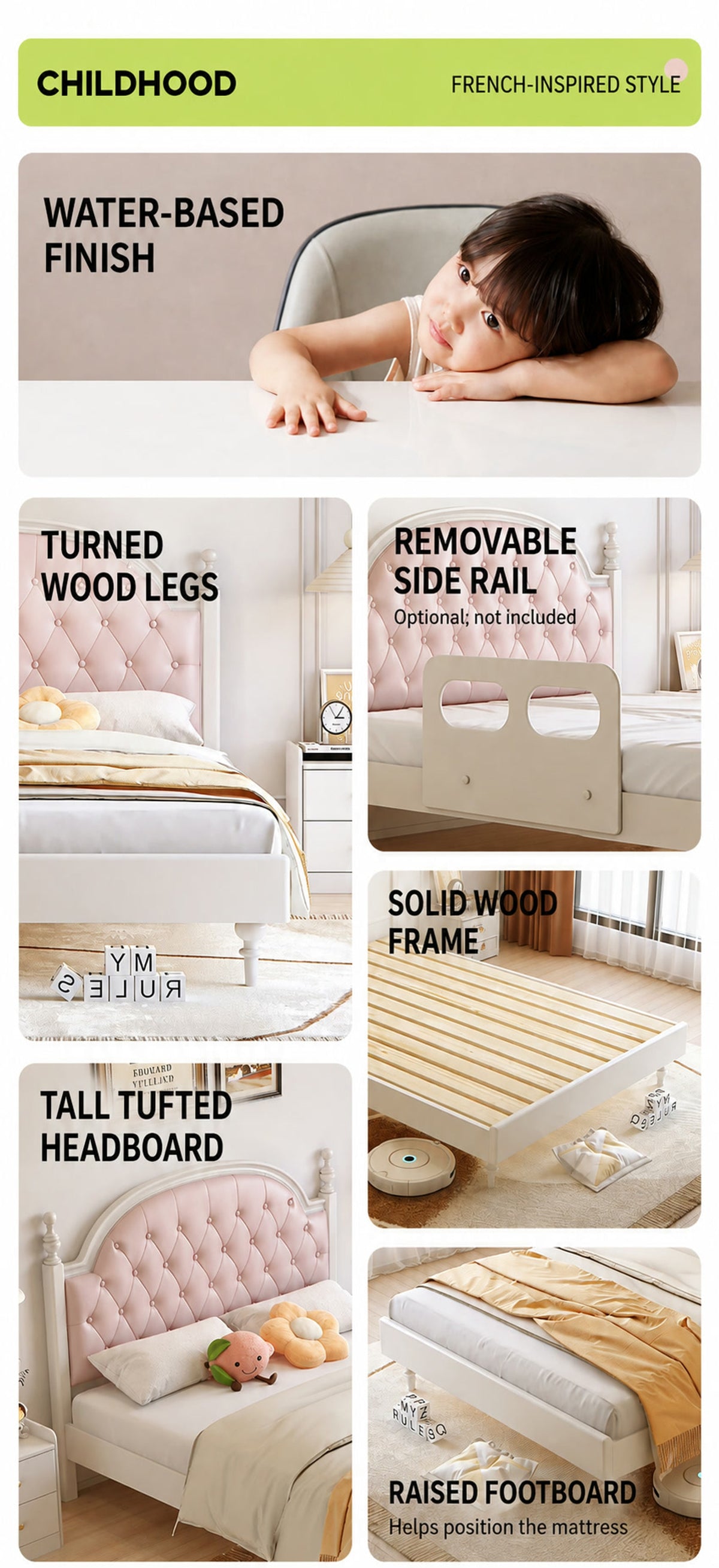  Cream birch bed details including tufted headboard, turned legs and optional side rail