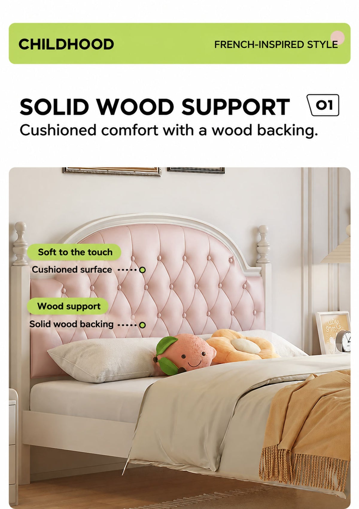  Pink diamond-tufted headboard with an arched cream wood surround