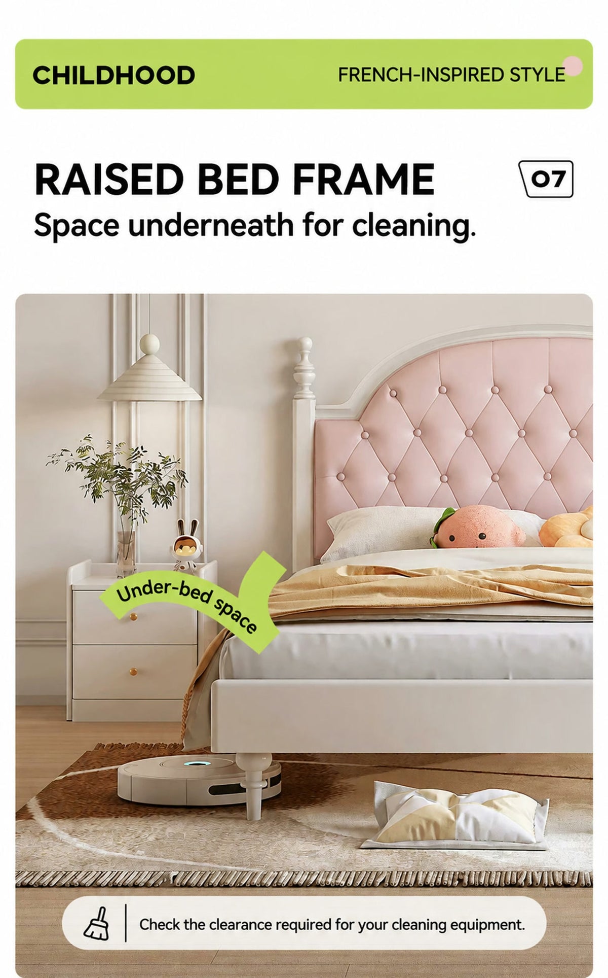  Space beneath the cream bed with a reminder to check cleaning equipment clearance