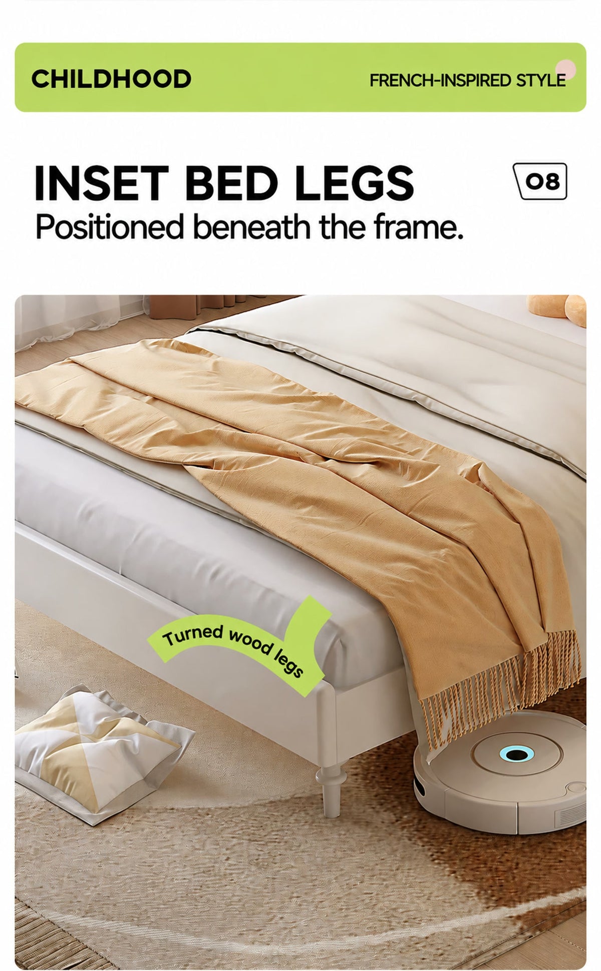  Turned leg inset beneath the cream footboard