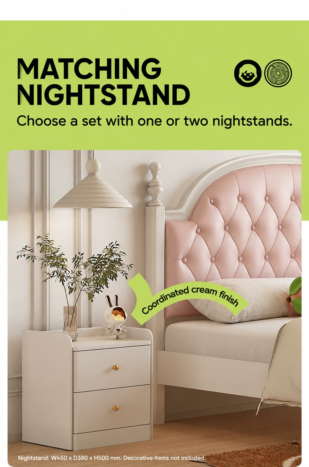  Optional cream two-drawer nightstand with gold-coloured knobs