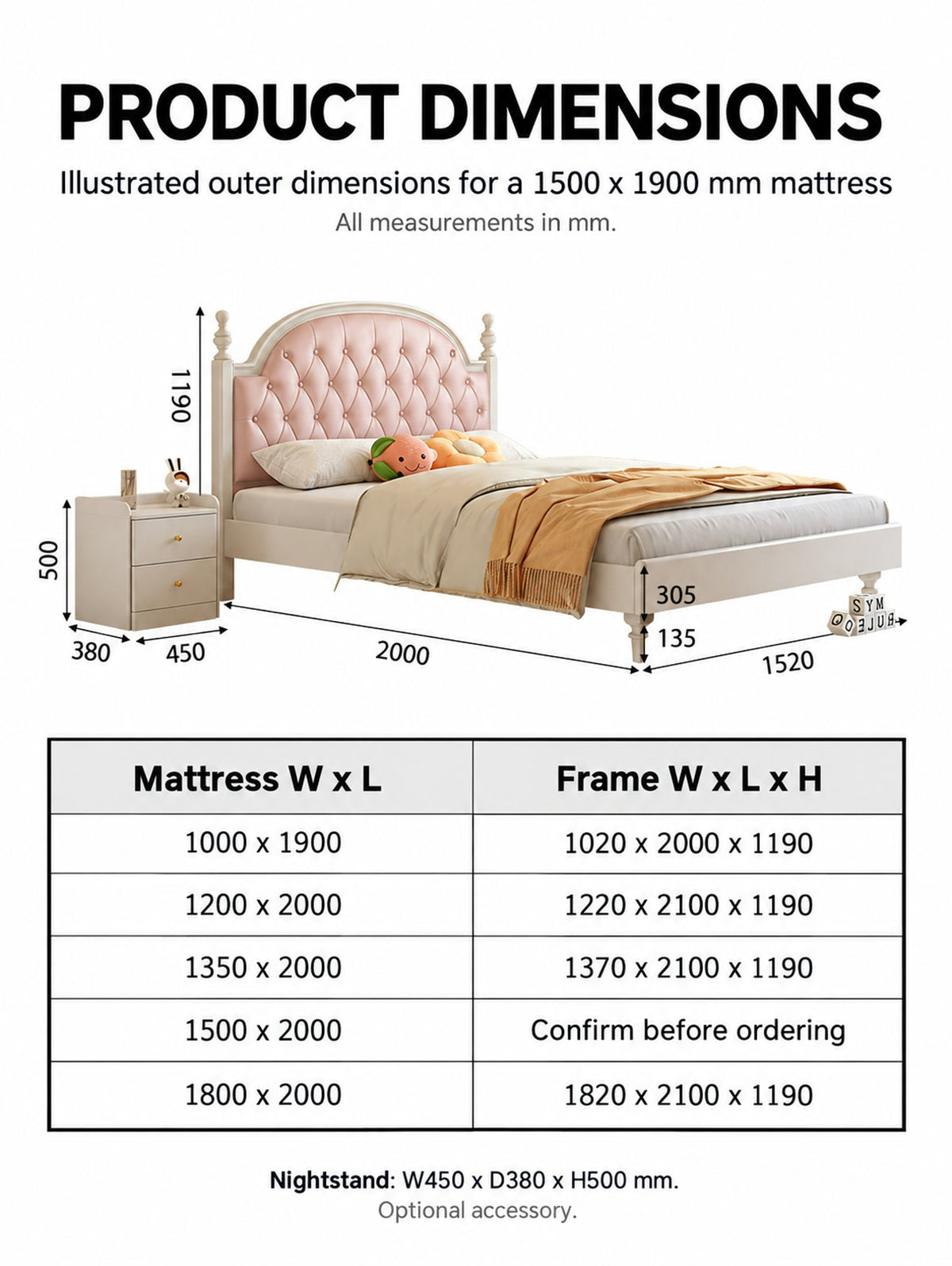  Mattress size and frame dimension chart with optional nightstand measurements