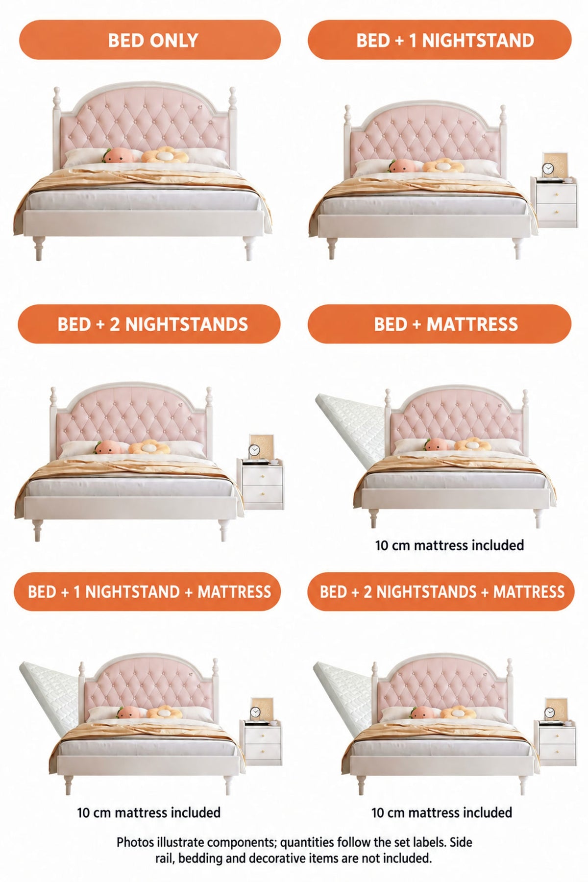  Six bed sets showing options with a mattress and one or two nightstands