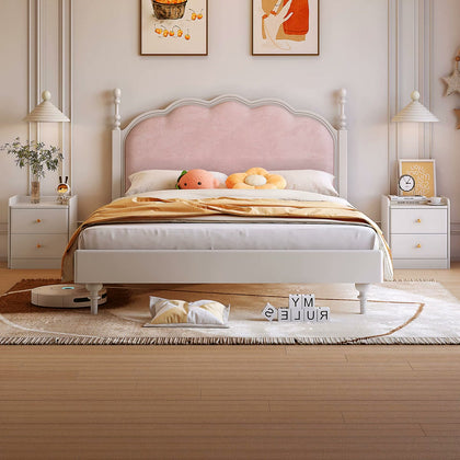  Cream scalloped birch bed with a pink upholstered headboard
