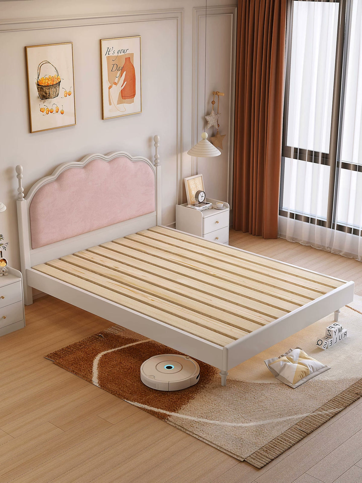  Overhead view of the pine slat base and scalloped pink headboard