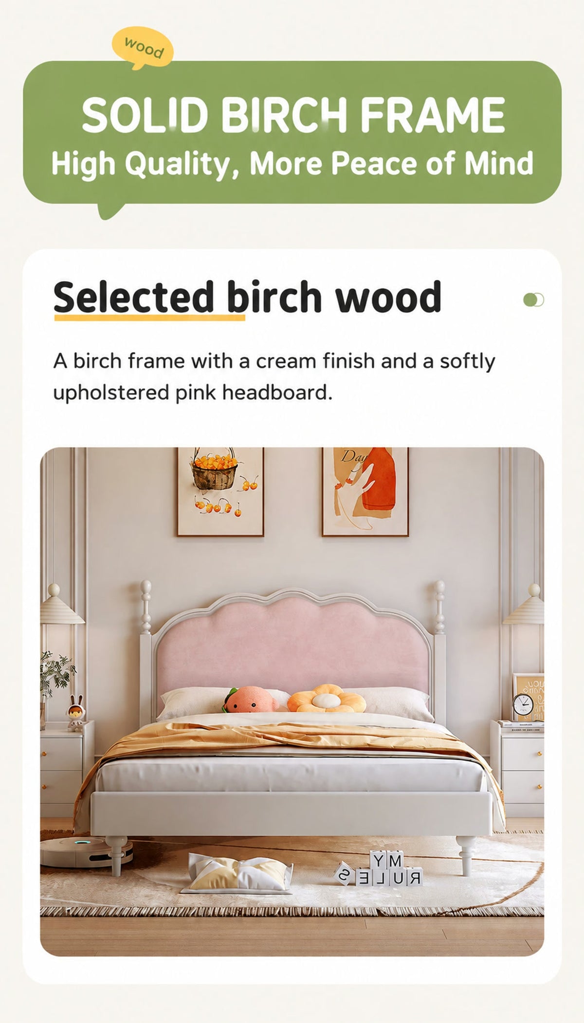  Cream birch frame and scalloped pink headboard
