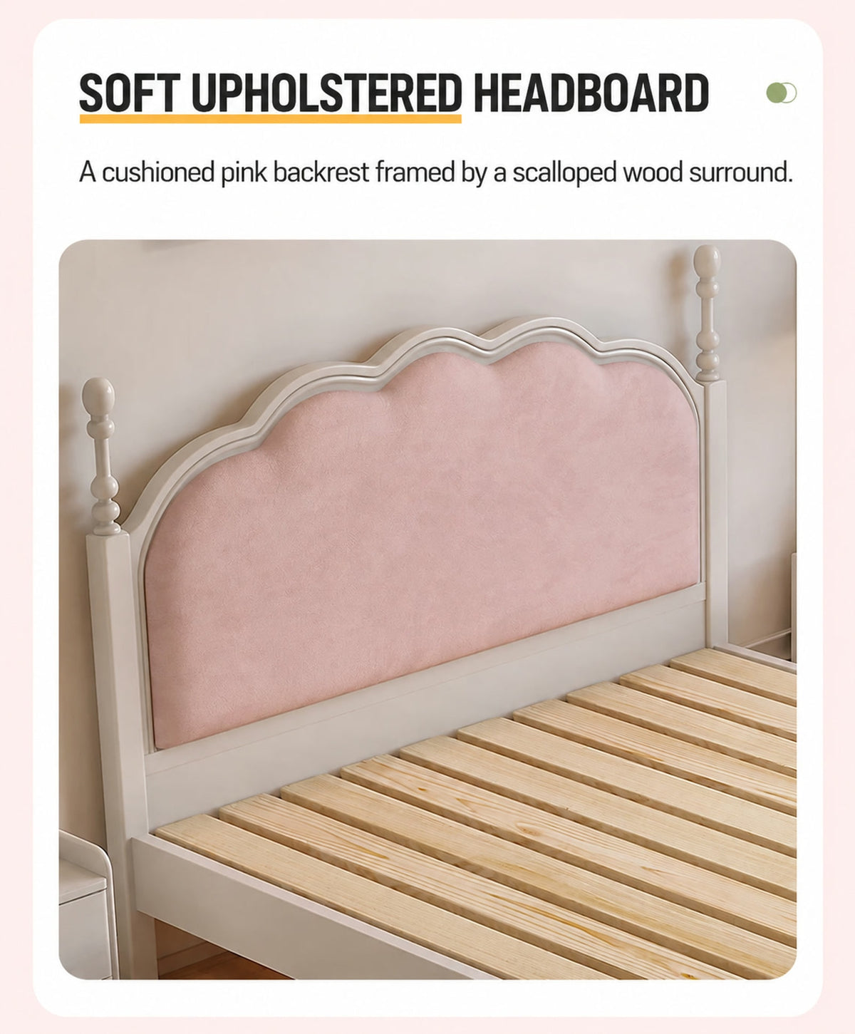  Close view of the pink cushioned headboard and turned finials