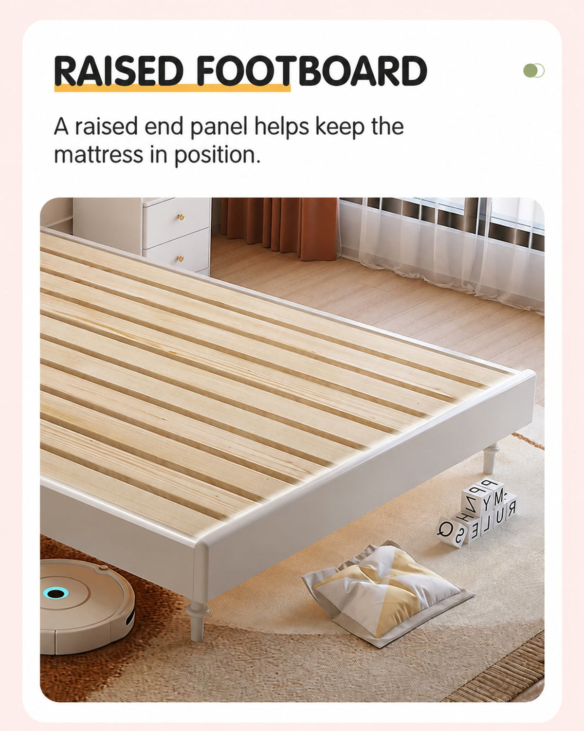  Raised cream footboard alongside the pine slat base