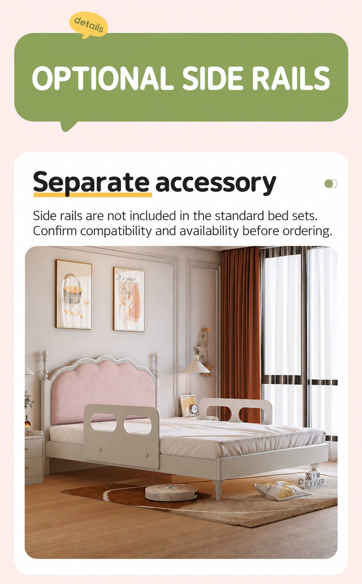  Optional cream side rails shown on the bed