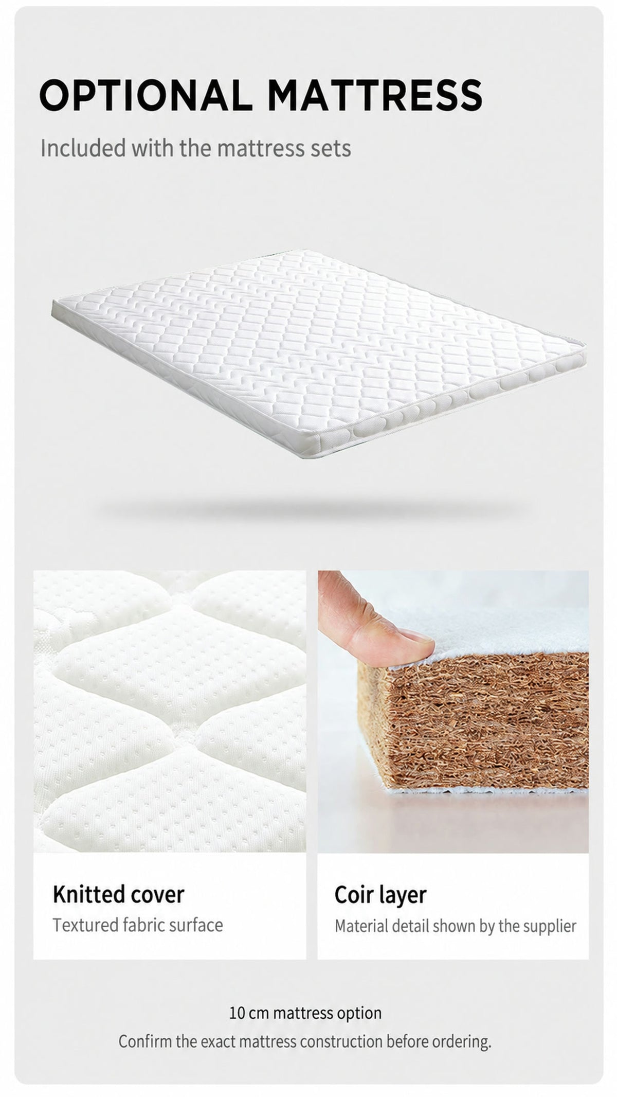  Optional 10 cm mattress with illustrated knit cover and coir layer