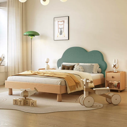  Natural birch bed with green cloud-shaped upholstered headboard