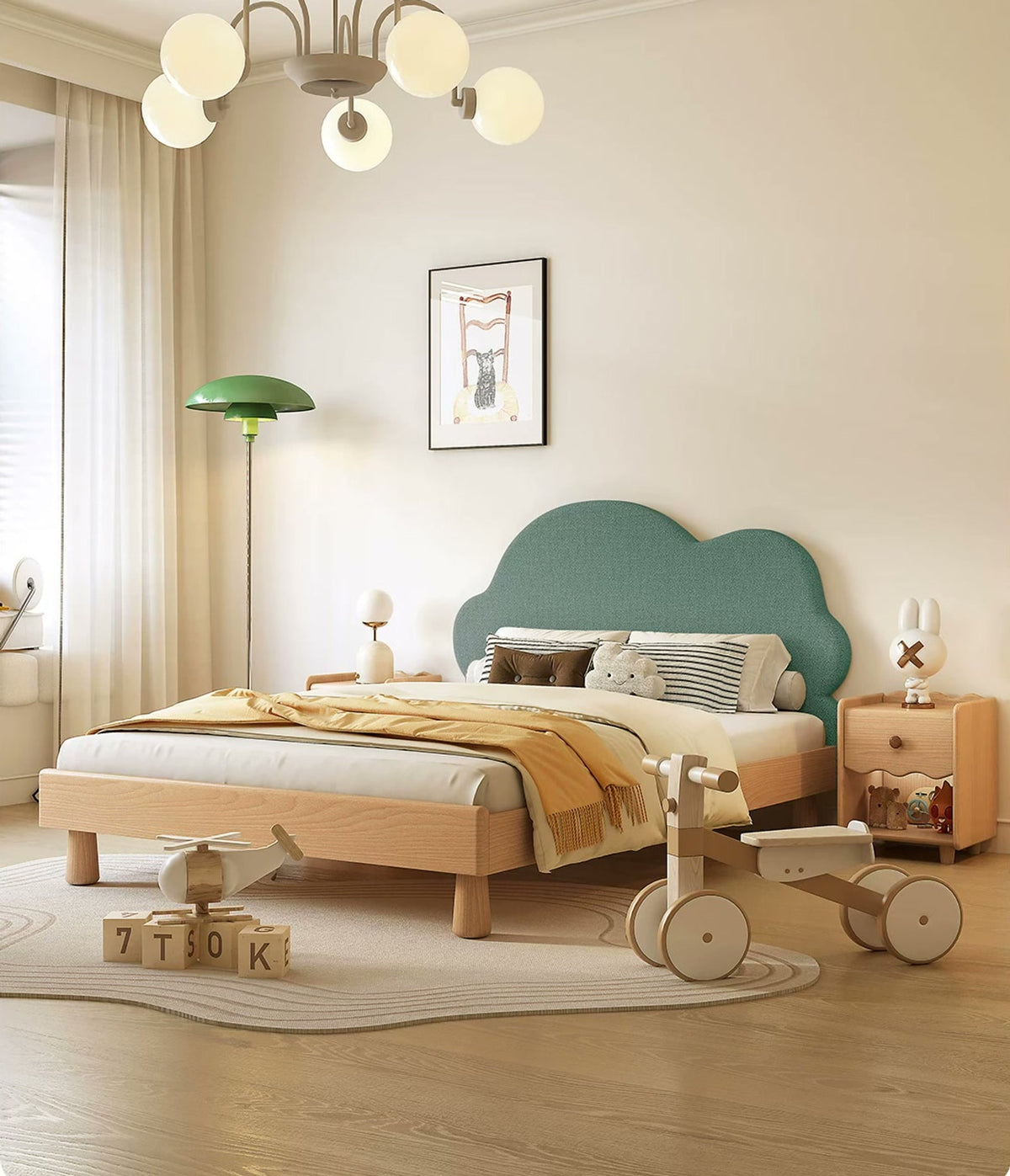  Cloud headboard bed in a styled bedroom with coordinating nightstands