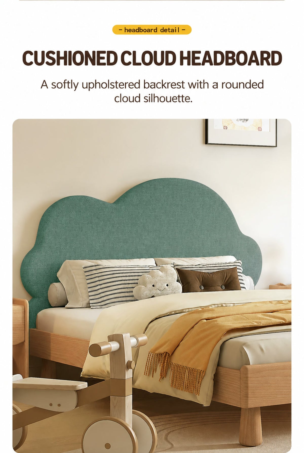  Close view of the upholstered green cloud headboard