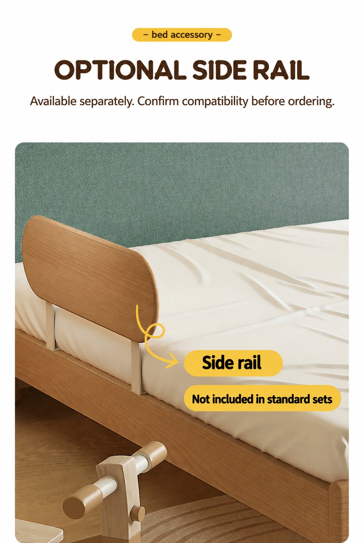  Separately available wood bedside rail