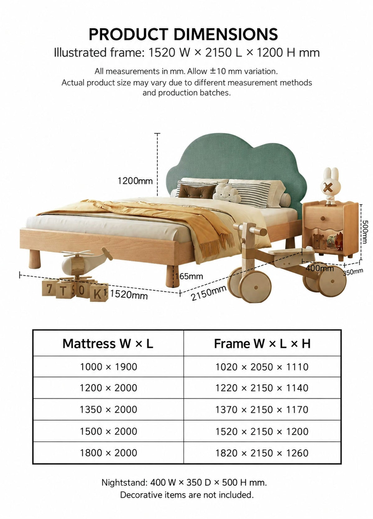  Five selectable mattress sizes with corresponding frame dimensions