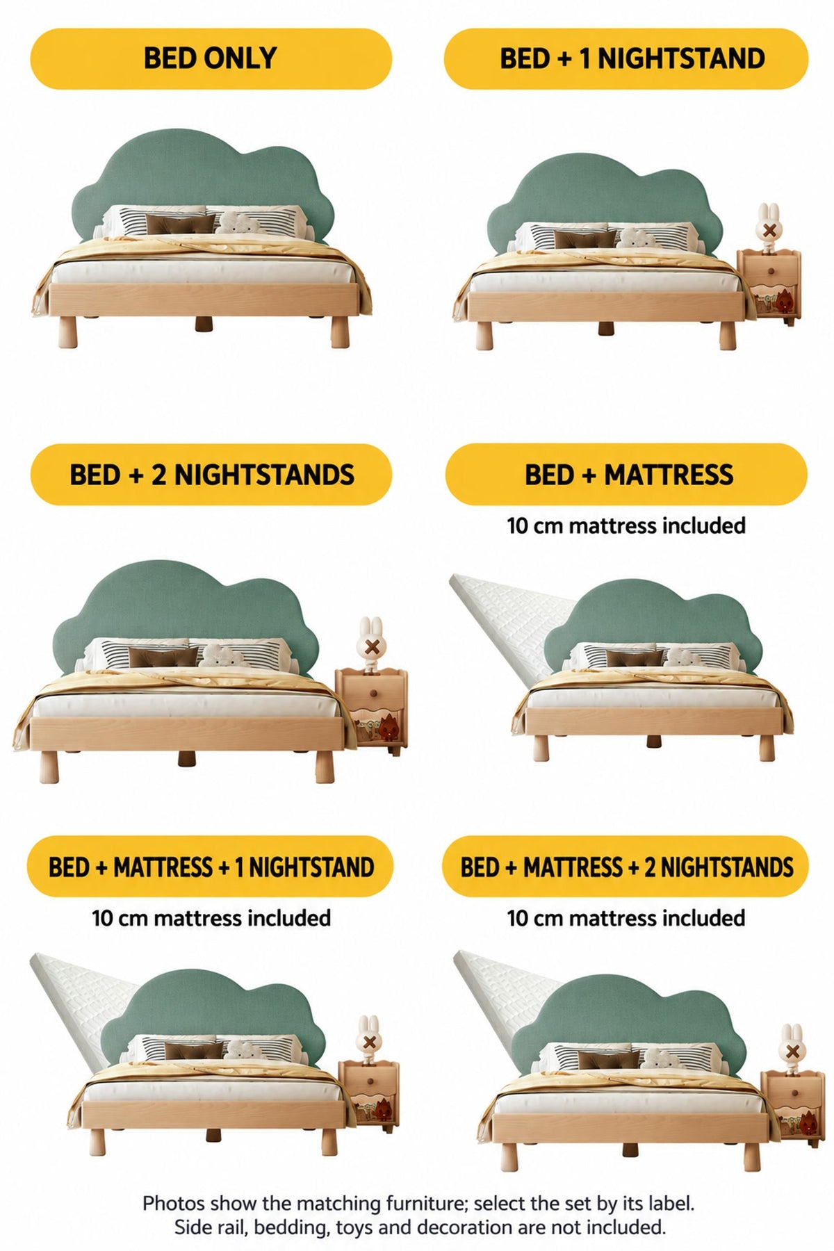  Six cloud bed sets with optional mattress and nightstands