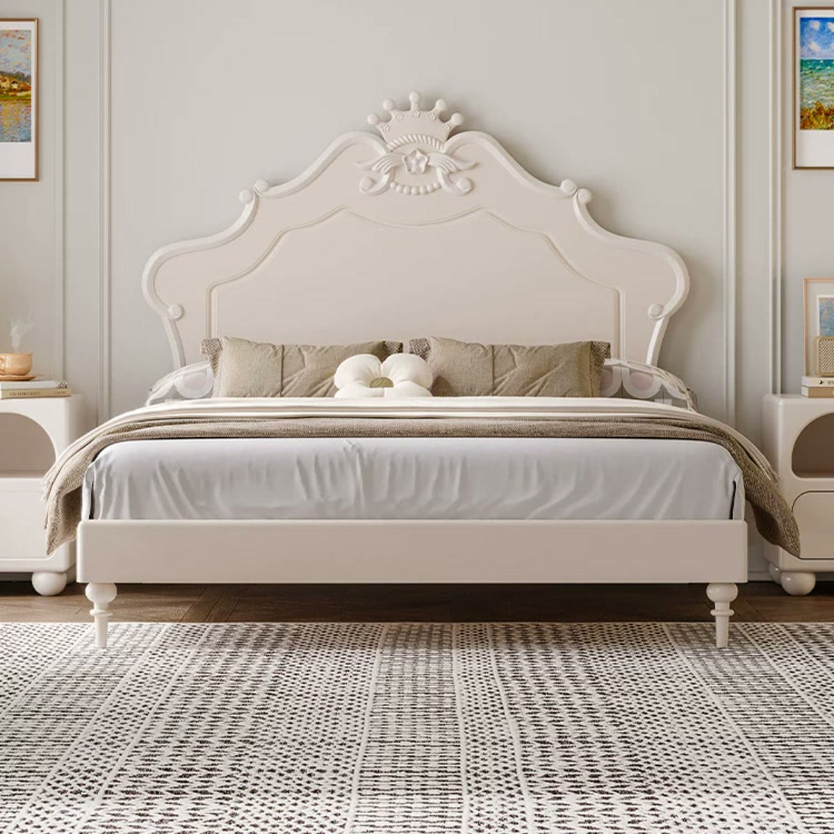 Cream-white birch bed with carved crown headboard and turned wood legs