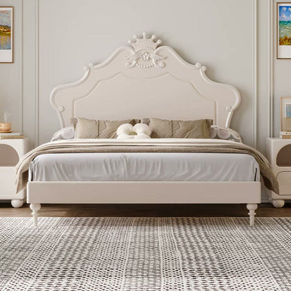  Cream-white birch bed with carved crown headboard and turned wood legs