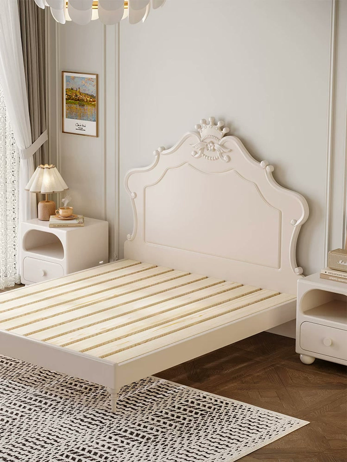  Crown bed without mattress showing its pine slat base