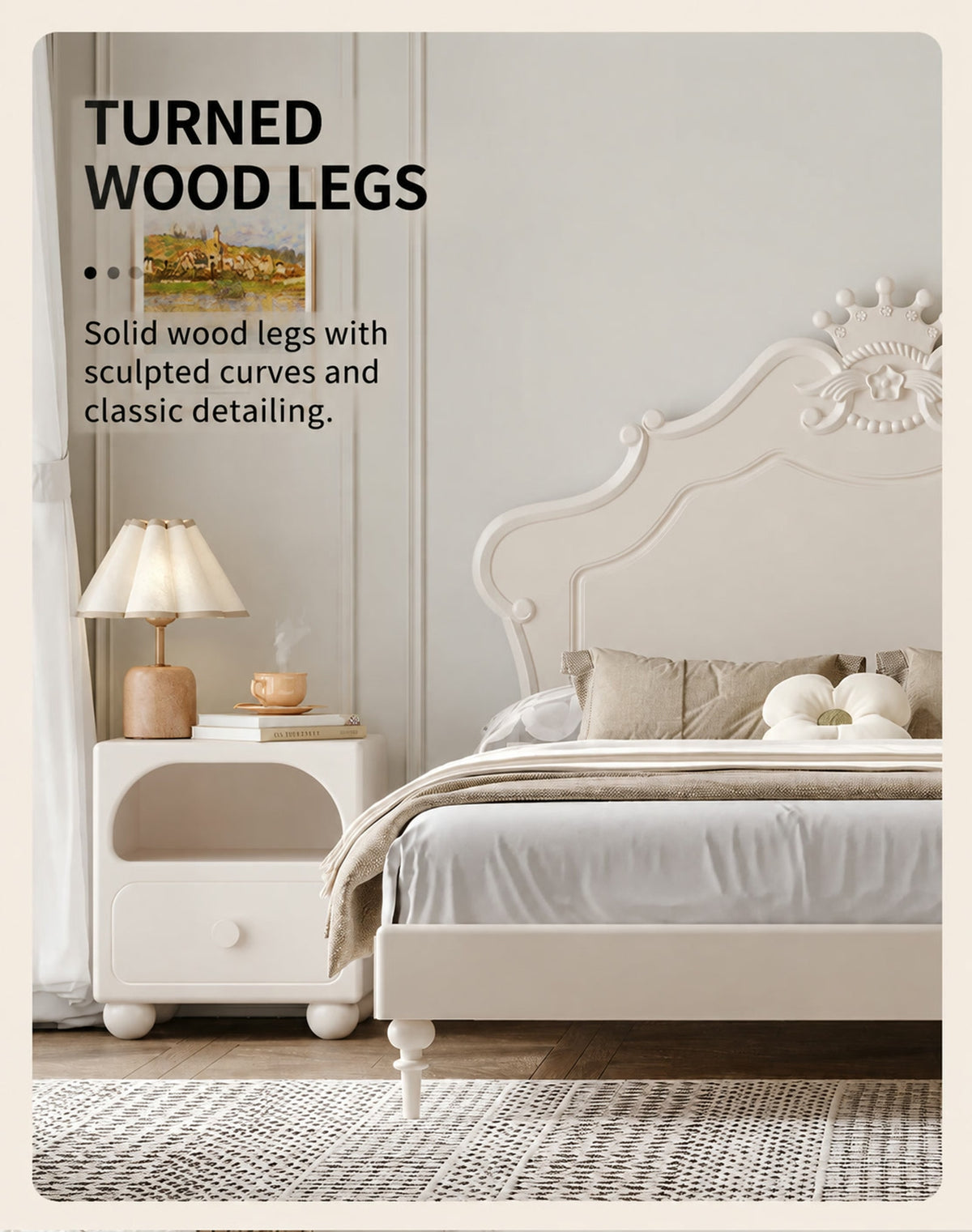  Turned wood bed leg beside the matching rounded nightstand