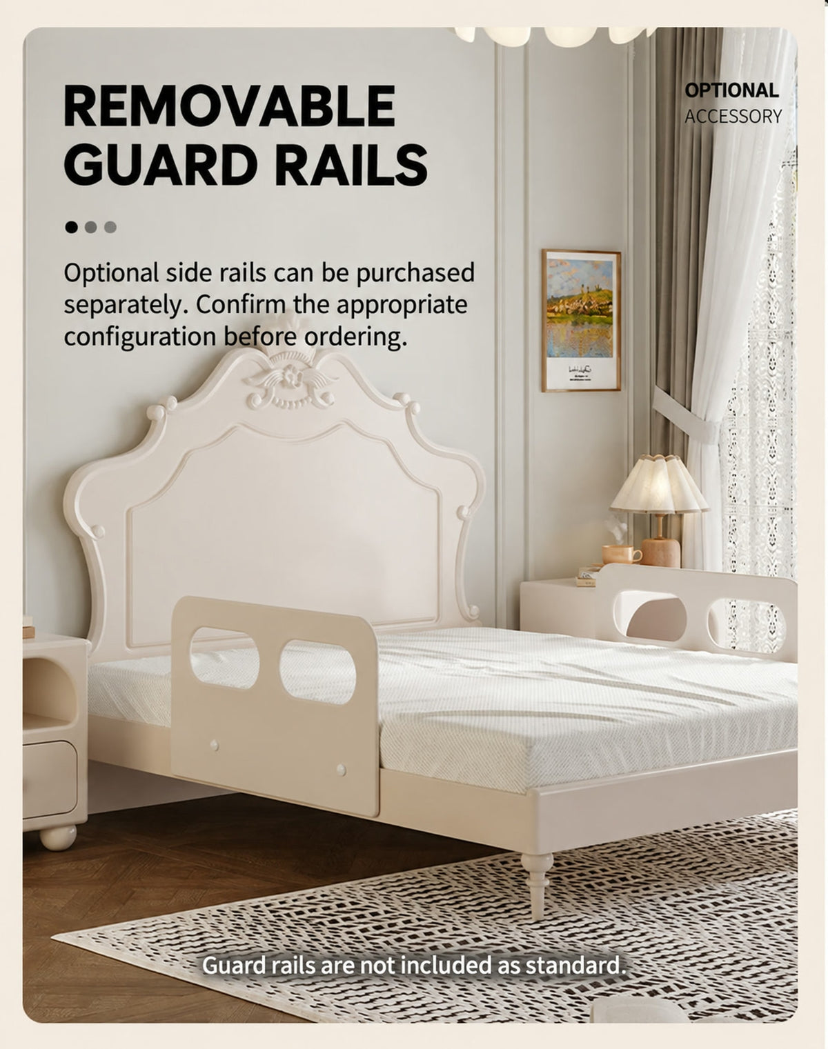  Optional removable side rails on the crown bed