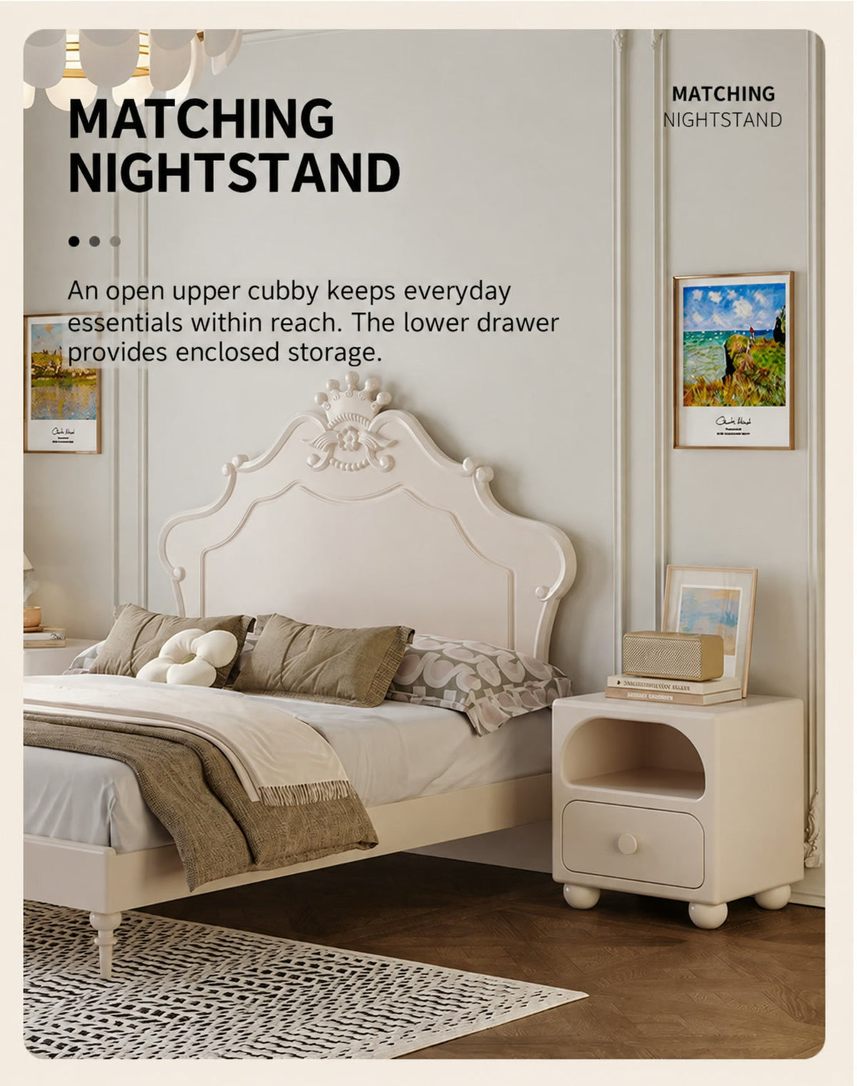  Cream-white nightstand with open cubby and lower drawer