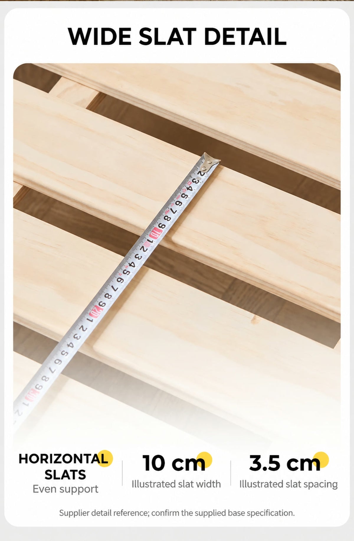  Supplier slat close-up illustrating 10 cm width and 3.5 cm spacing