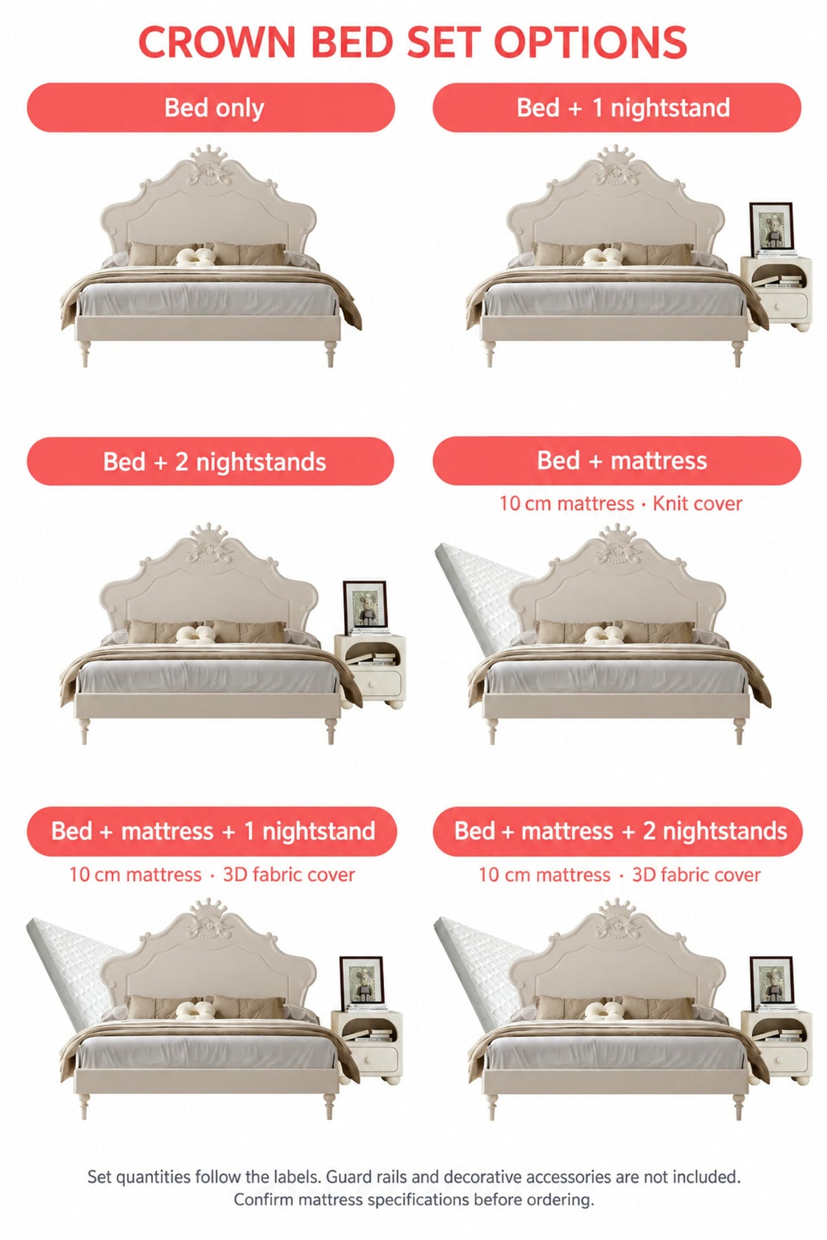 Six crown bed sets with optional 10 cm mattress and nightstands