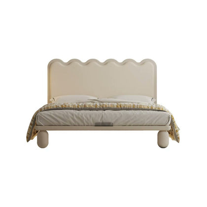  Cream-white upholstered wave bed with rounded legs on a white background