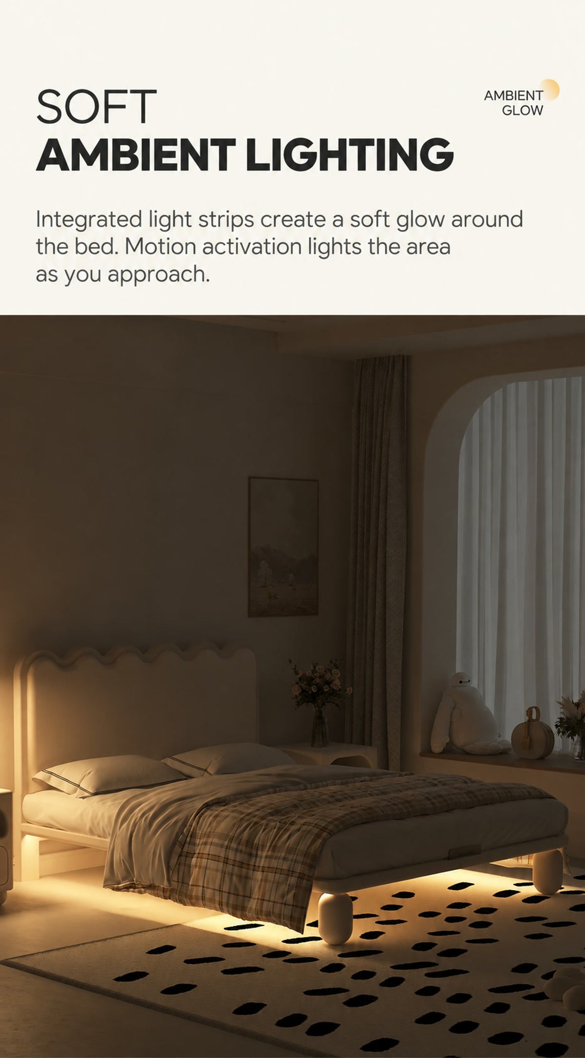  Warm light around the wave bed in a darkened bedroom
