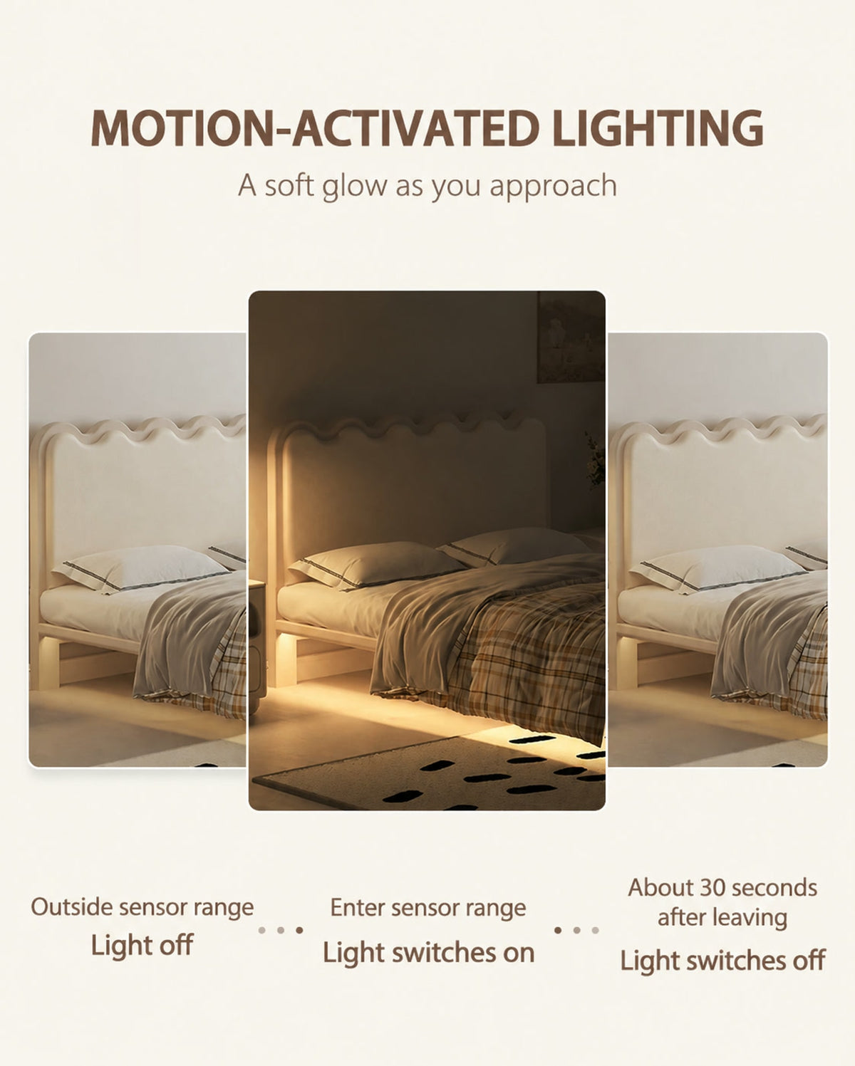  Motion lighting turns on when approached and off about 30 seconds after departure