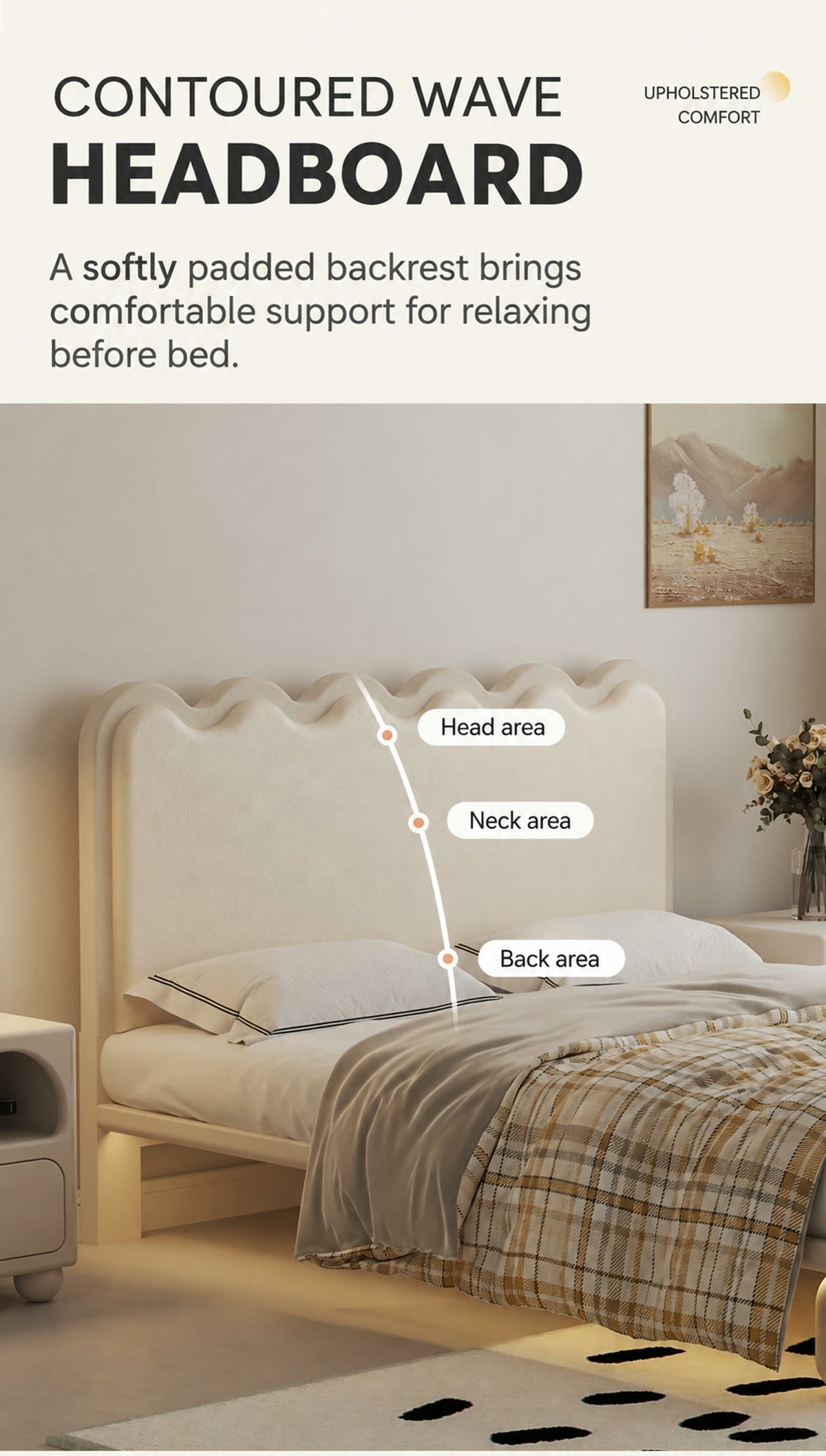  Contoured padded wave headboard with head, neck and back areas indicated