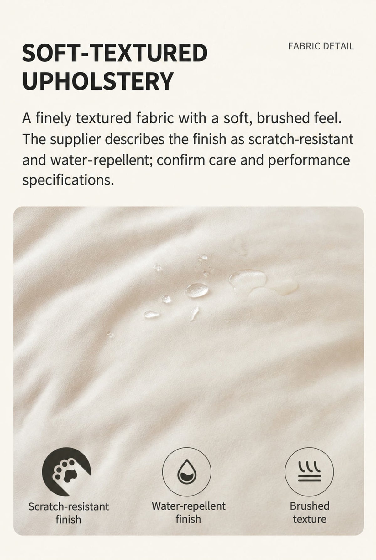  Close-up of cream upholstery texture and supplier-described finish