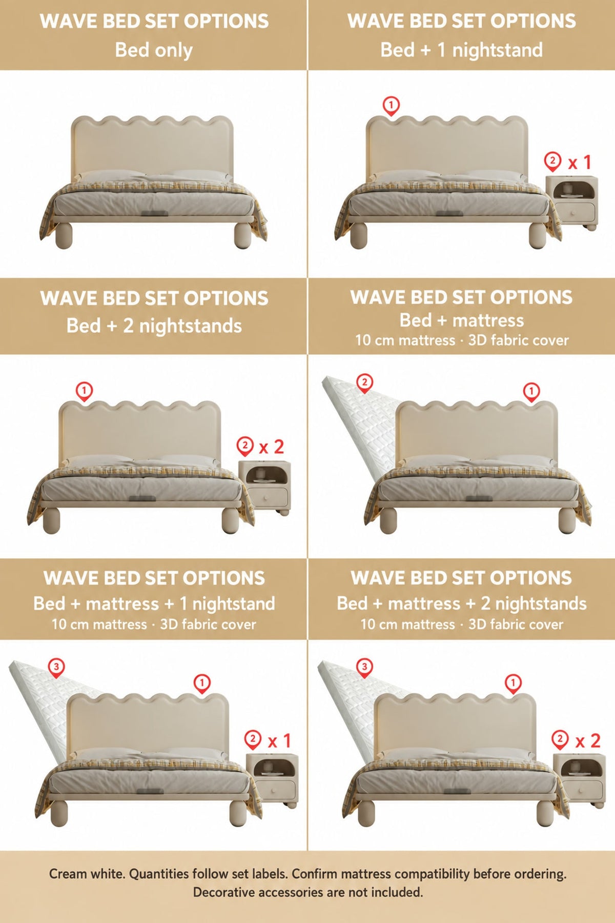  Six wave bed sets with optional mattress and one or two nightstands