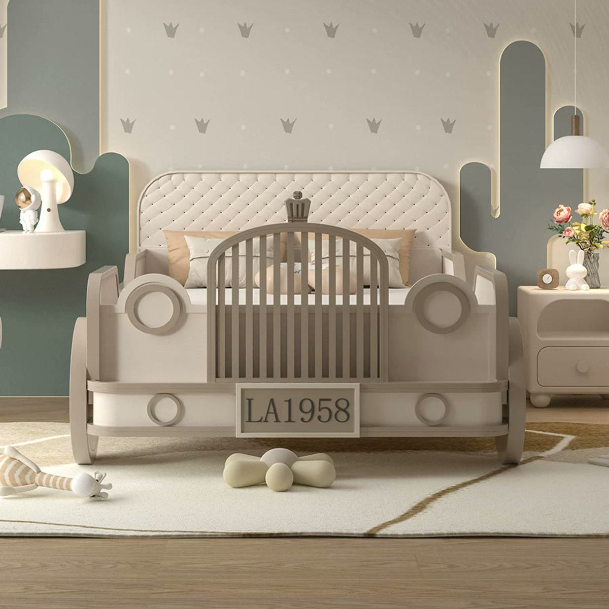 Cream classic car bed with grille-style footboard and diamond-tufted headboard