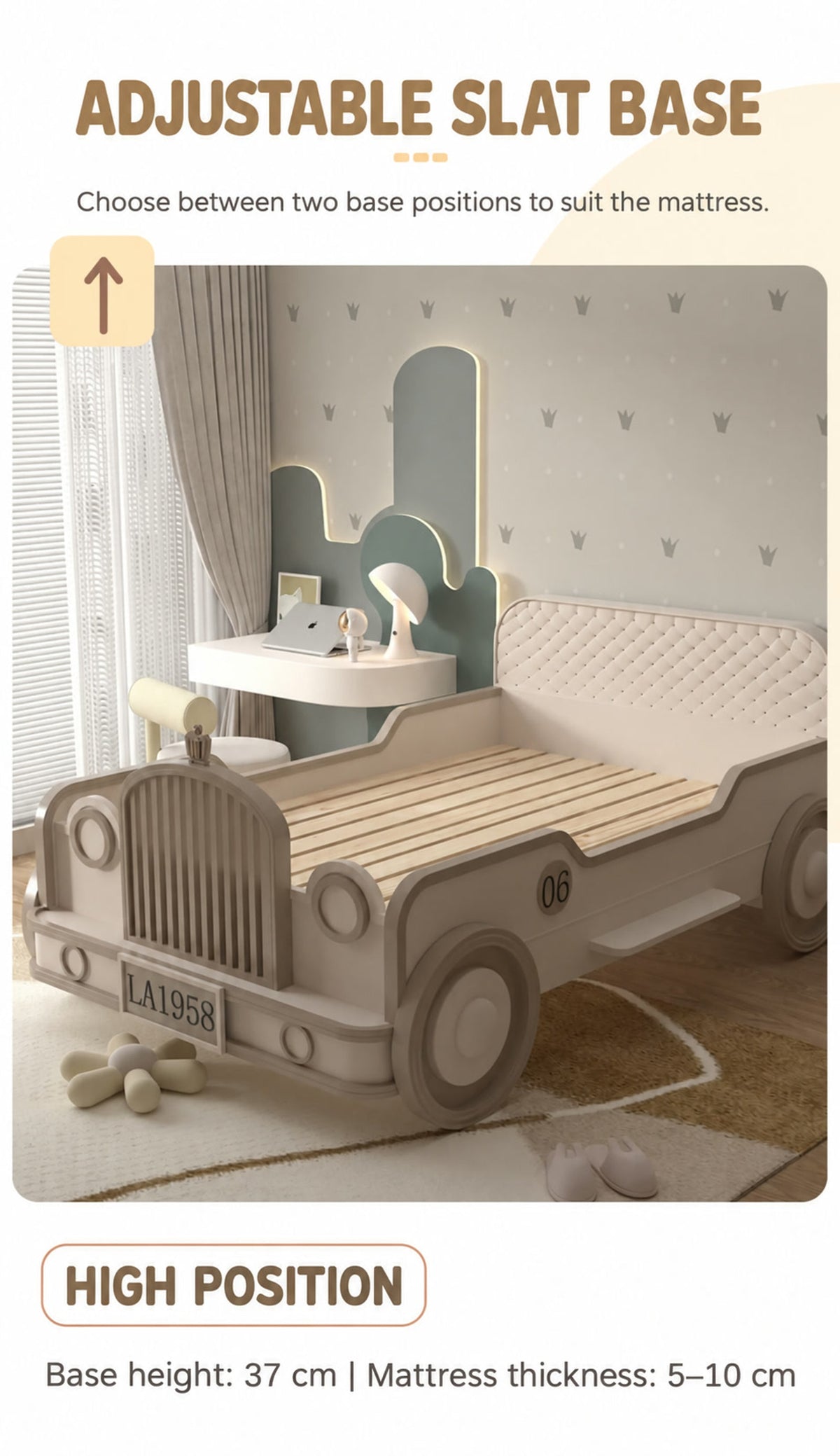  High slat-base position at 37 cm for a 5–10 cm mattress